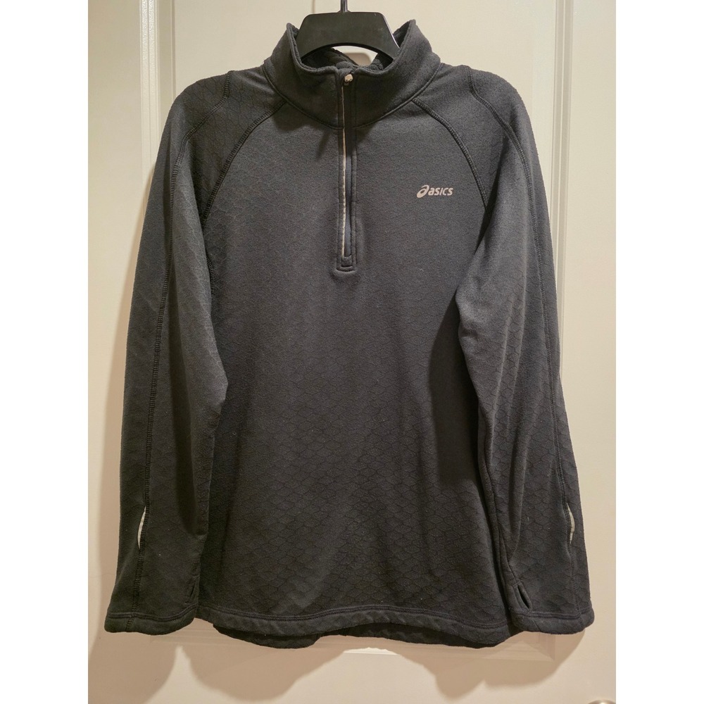 Men sz L Asics Black Diamond Quilted Quarter Zip Pullover Running Top Thumbholes